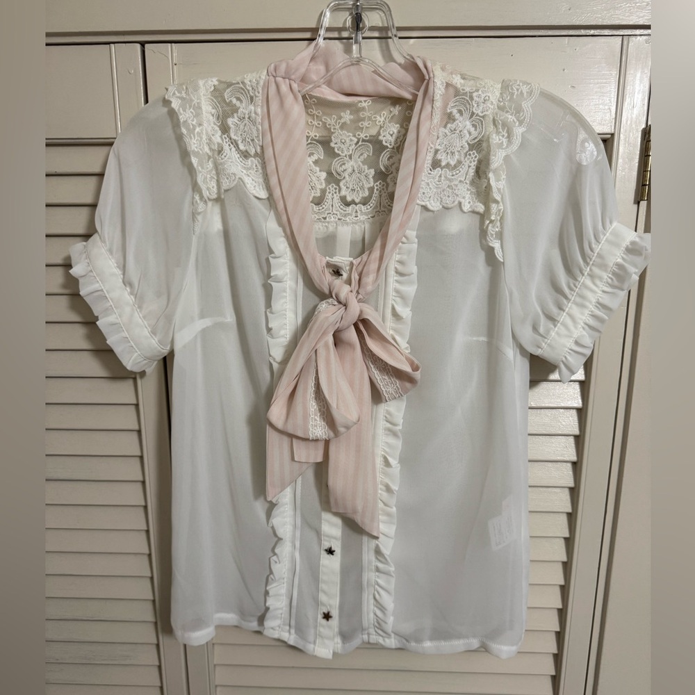 Beautiful Liz Lisa white sheer lace and ruffle button down top